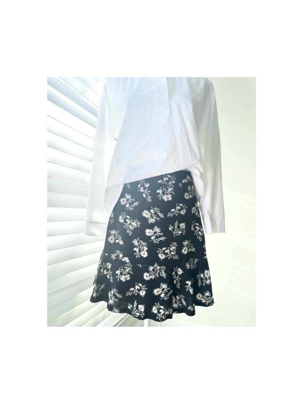 Frank & Oak Black Skater Mini Skirt with White Floral Print